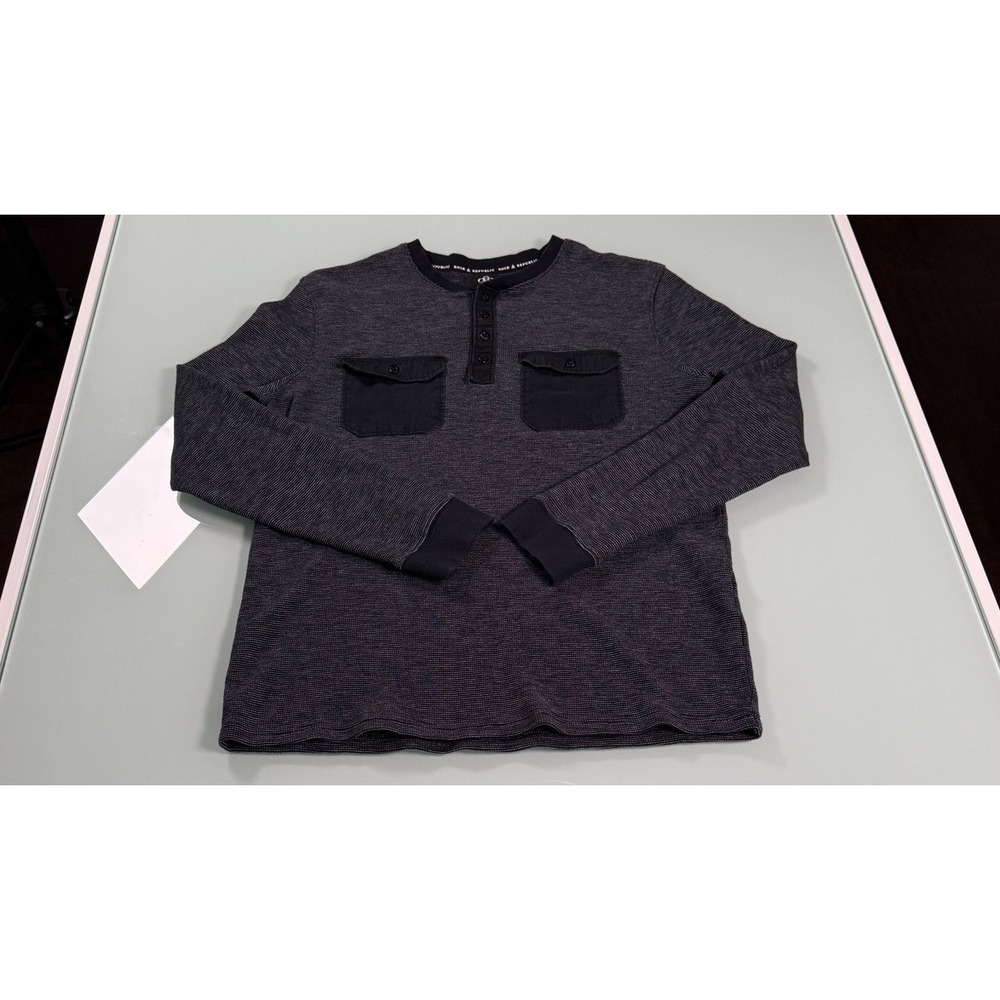 Rock & Republic 4 Button Henley Mens M Gray contrast Black Long Sleeve